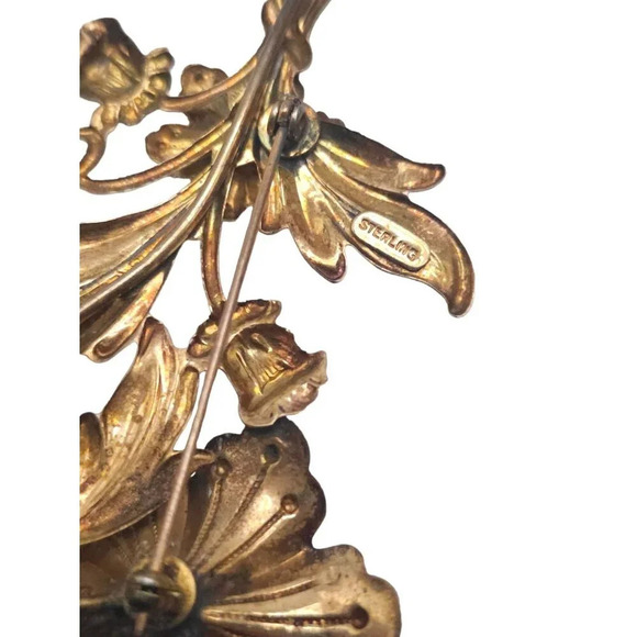 Sterling Silver Purple Rhinestone Flower Brooch Pin Gold Vermeil Vintage - Picture 5 of 6